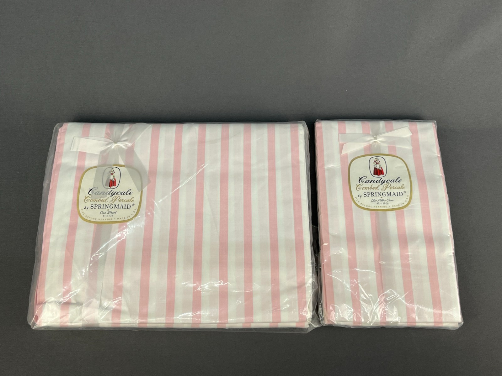 NOS Springmaid Combed Percale Double Sheet 81 x 108 + 2 Pillow Cases Pink Stripe