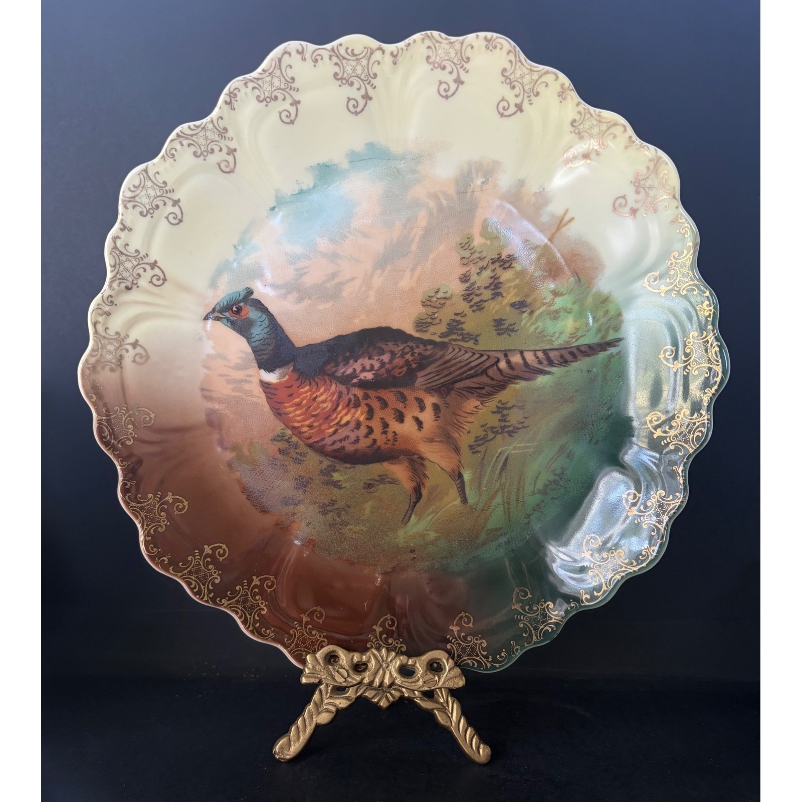 Antique ZS & Co Bavaria Pheasant Cabinet Plate Gold Gilt Scalloped Game Bird
