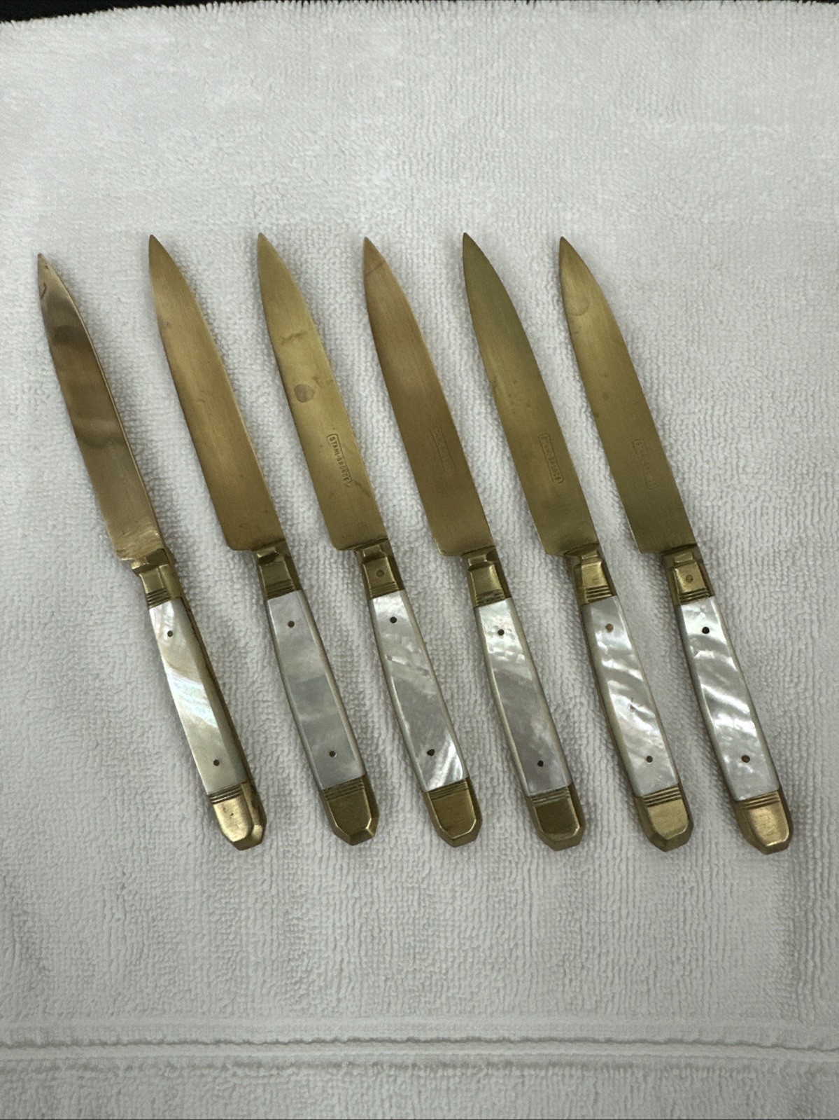 Antique Fruit Knives Stahl Bronce Mother of Pearl Handle and Brass 6 Pc Set Antique Fruit Knives Stahl Bronce Mother of Pearl Handle and Brass 6 Pc Set