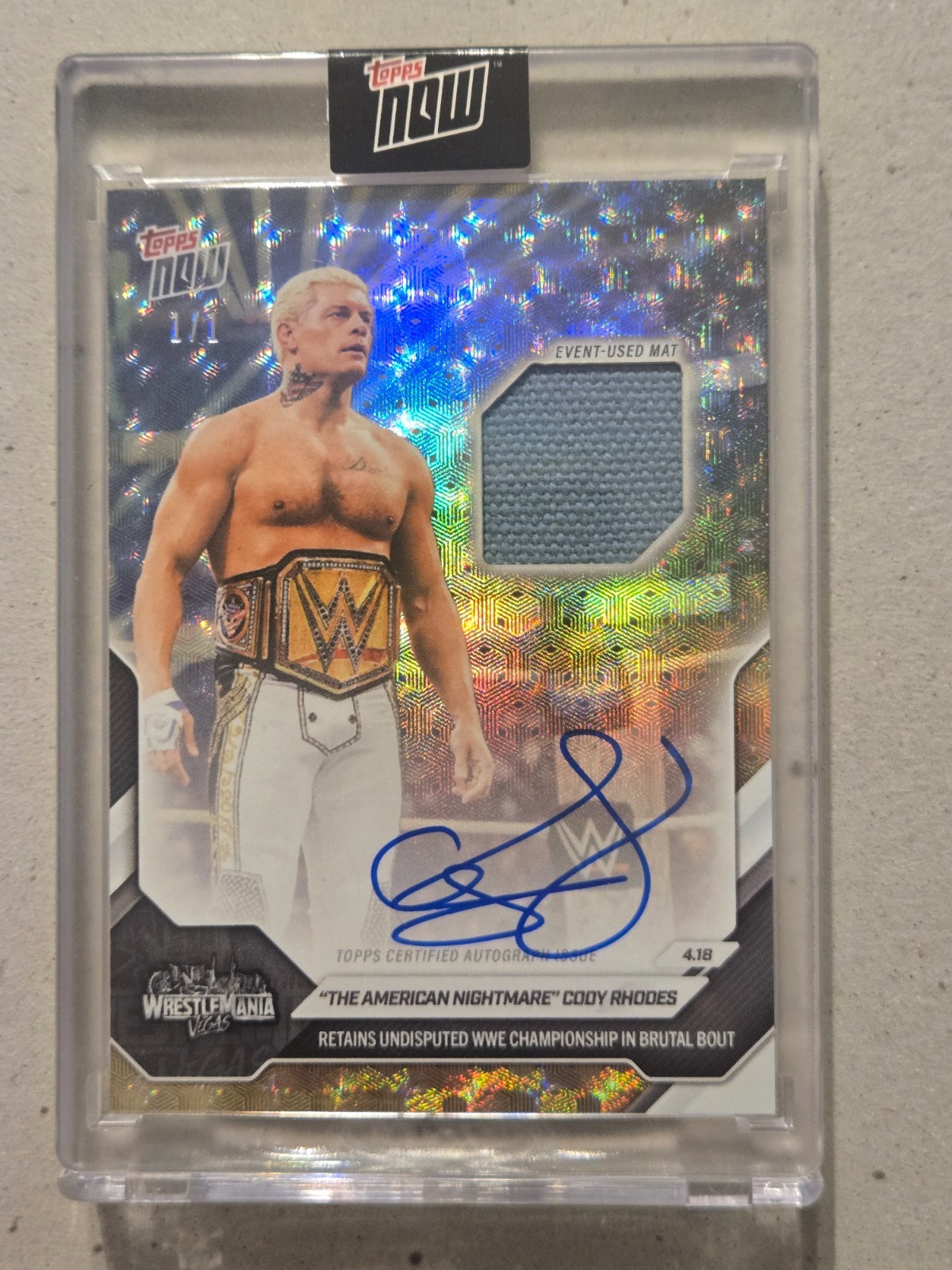 2026 TOPPS NOW CODY RHODES FOILFRACTOR #1/1 AUTO EVENT USED MAT WRESTLEMANIA