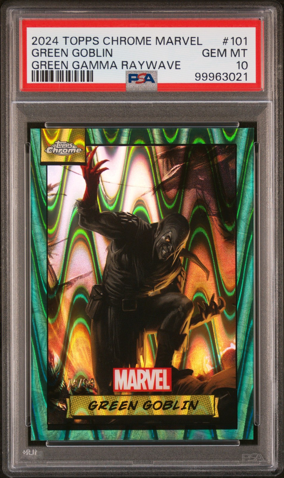 2024 TOPPS CHROME MARVEL GREEN GAMMA RAYWAVE #101 GREEN GOBLIN 74/99 PSA 10