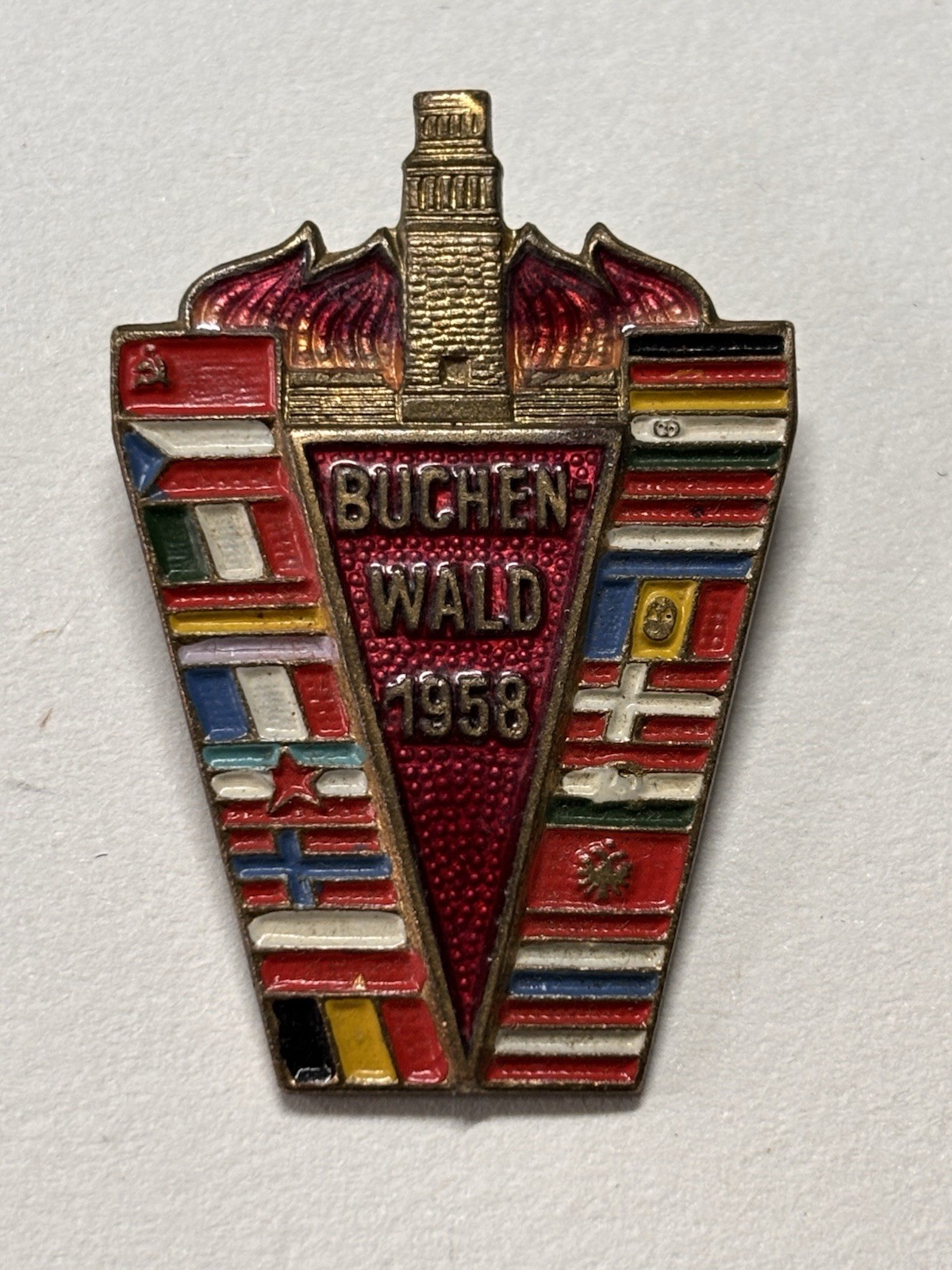 Vintage 1958 Buchenwald Memorial Dedication Enamel Pin Badge