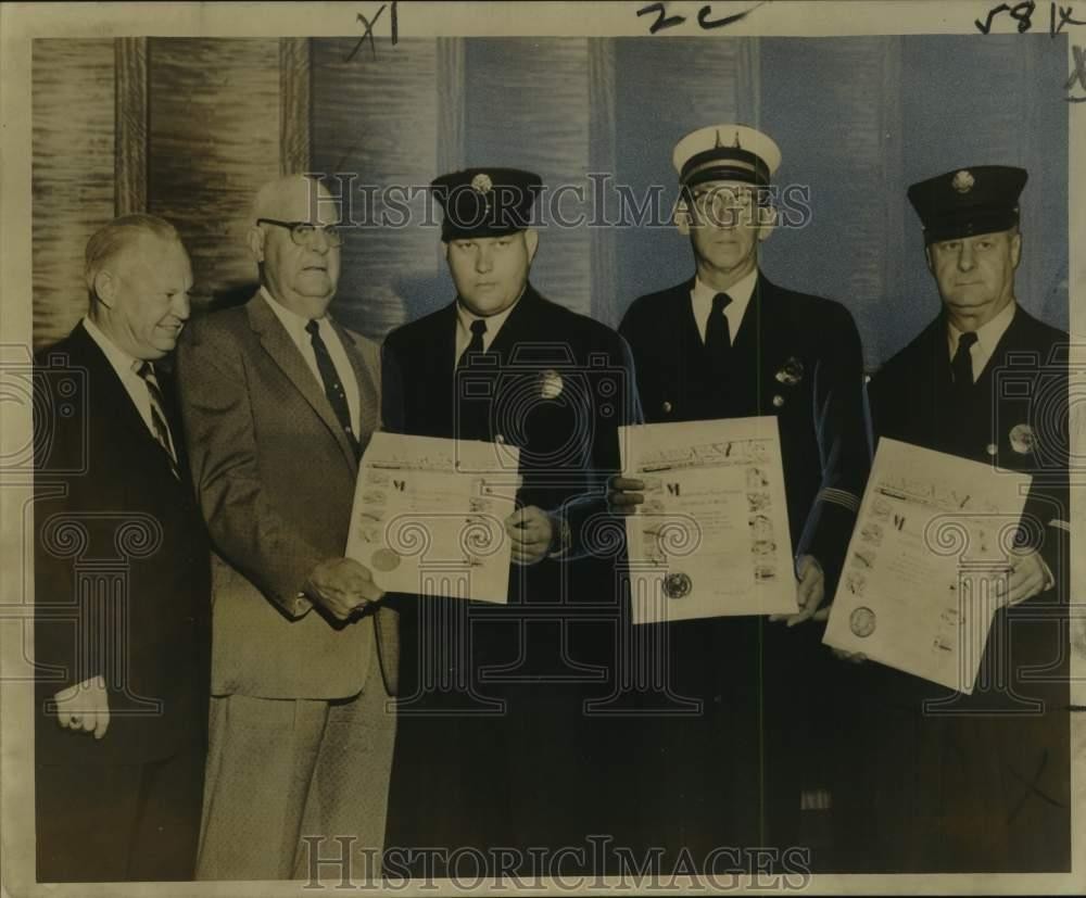 1961 Press Photo Fire Fighters and Certificates for Heroism, Saving of Life 1961 Press Photo Fire Fighters and Certificates for Heroism, Saving of Life