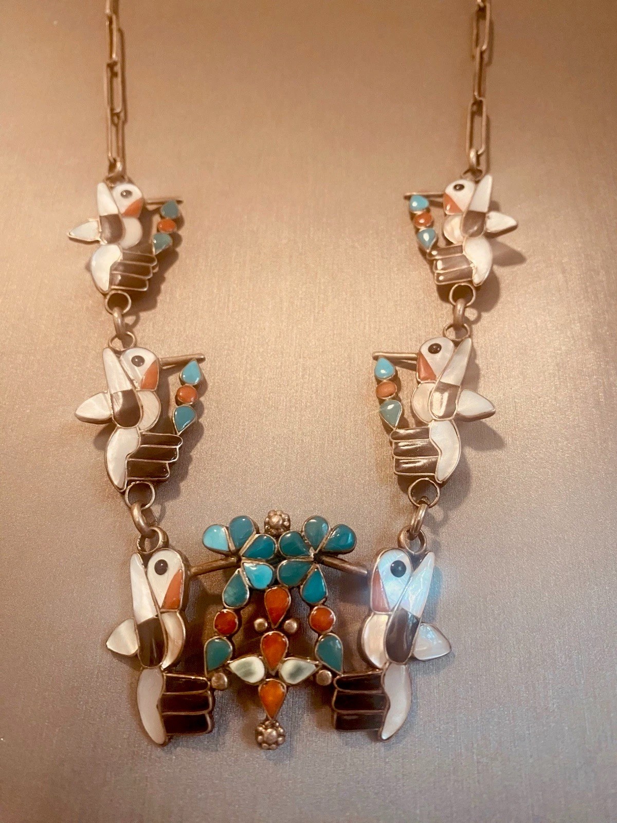 Old Zuni Inlay Hummingbird Paperclip Necklace Multi Stone Turquoise Red Coral