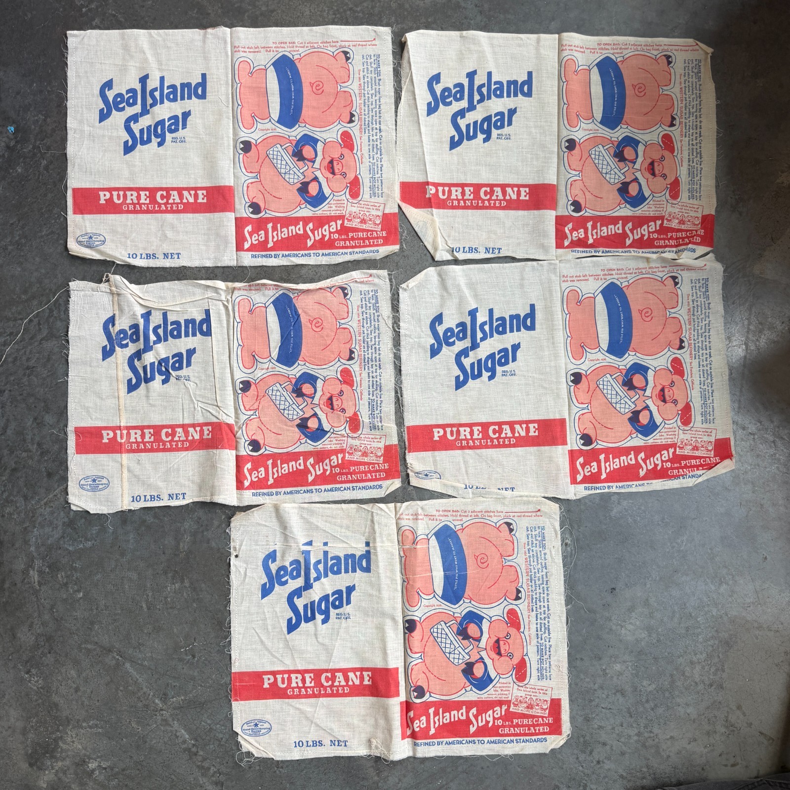 VTG 1930s RARE Sea Island 10lb Sugar Sack Bag Little Piggies Cut Fabric x5 Lot