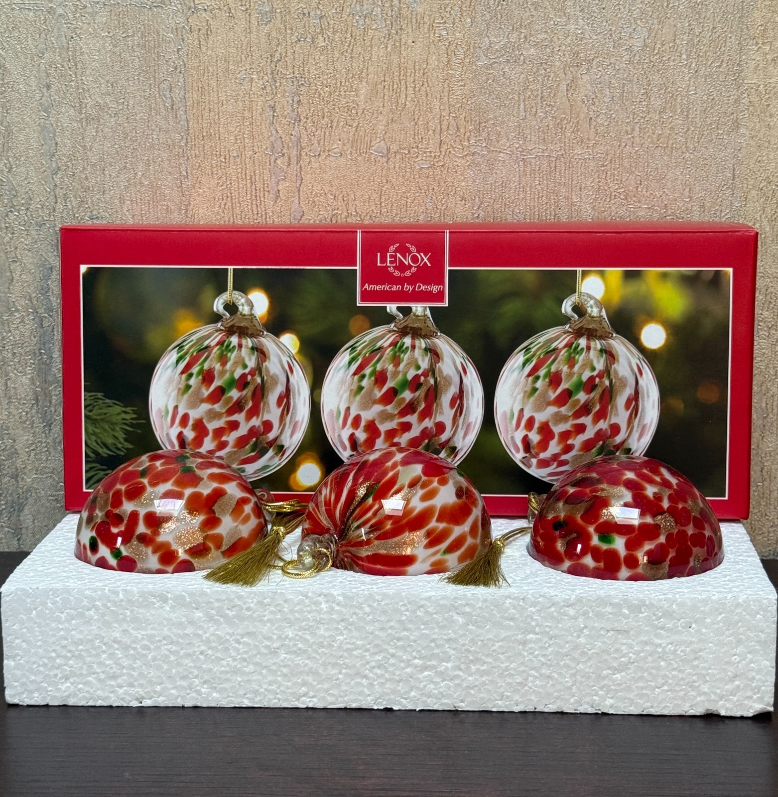 Lenox Art Glass Red/Green Ornaments Set of 3 Hand Blown 3