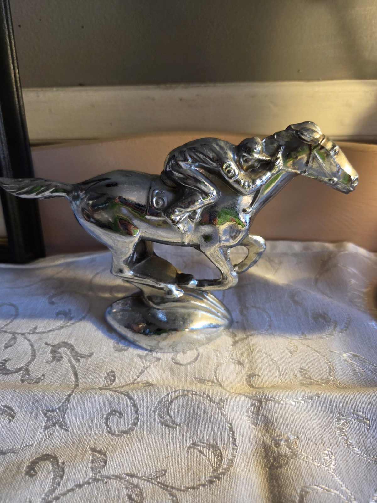 Antique 1940s Chrome Racehorse & Jockey #6 Hood Ornament | Mold A57A Car Mascot Antique 1940s Chrome Racehorse & Jockey #6 Hood Ornament | Mold A57A Car Mascot