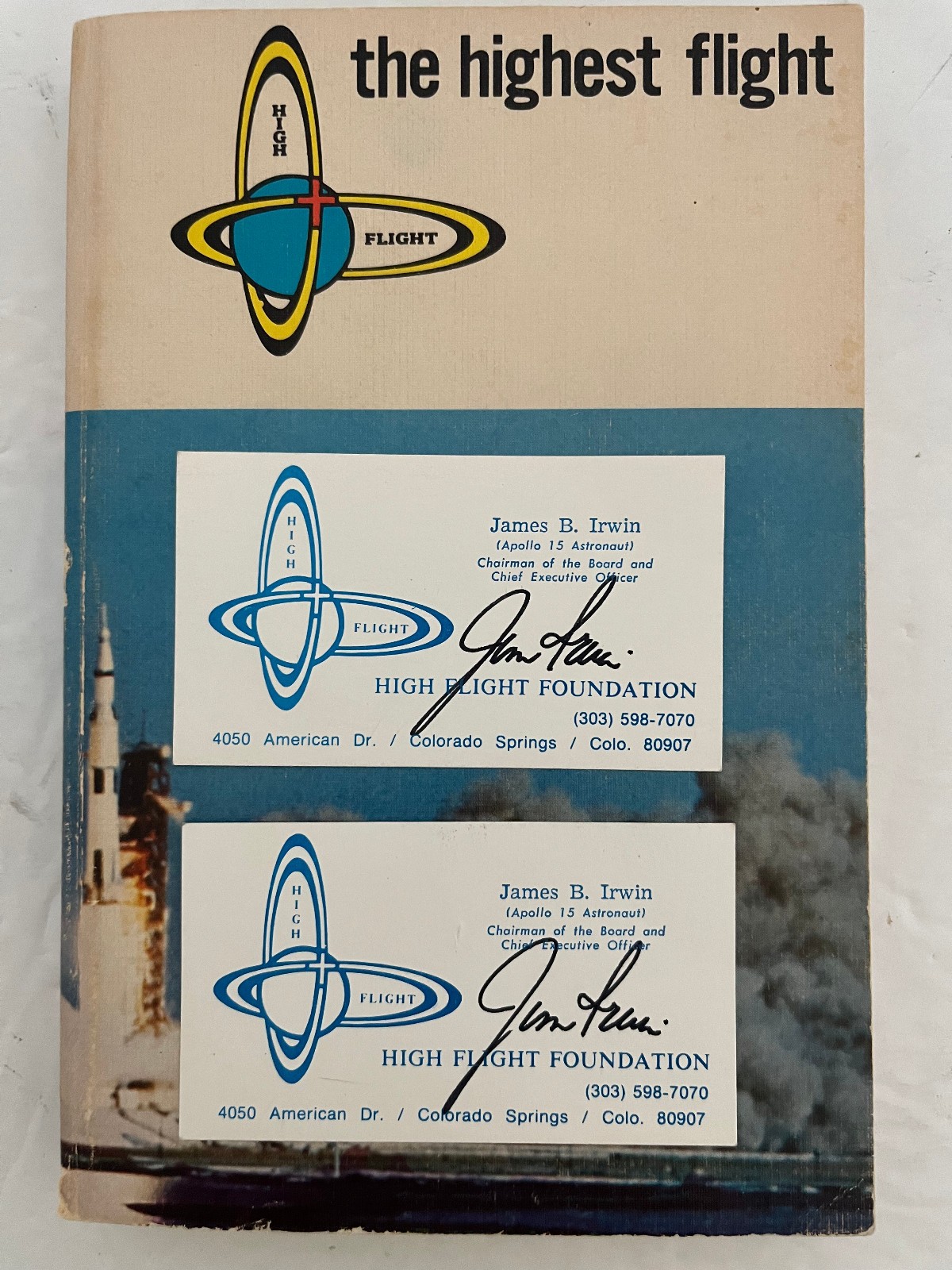 NASA Astronaut Jim Irwin Signed Two Business Cards and The Highest Flight Book