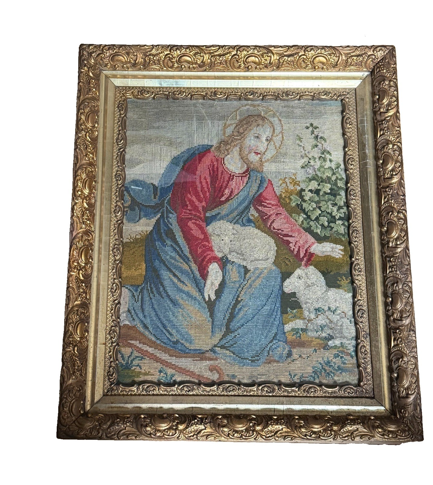 Antique Petite Needlepoint Of Jesus Christ 19th Century Gold Frame  26\