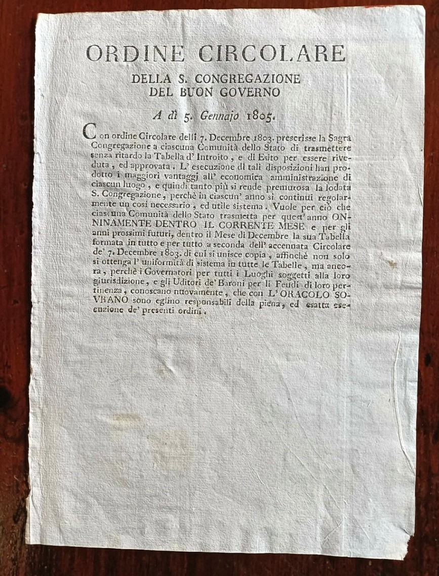 19thC Italian Document 1805 State Circular Decree Ordine Circolare Governo Rome