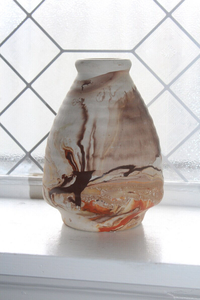 Vintage Nemadji Pottery Vase Orange Brown Swirl Southwestern Decor
