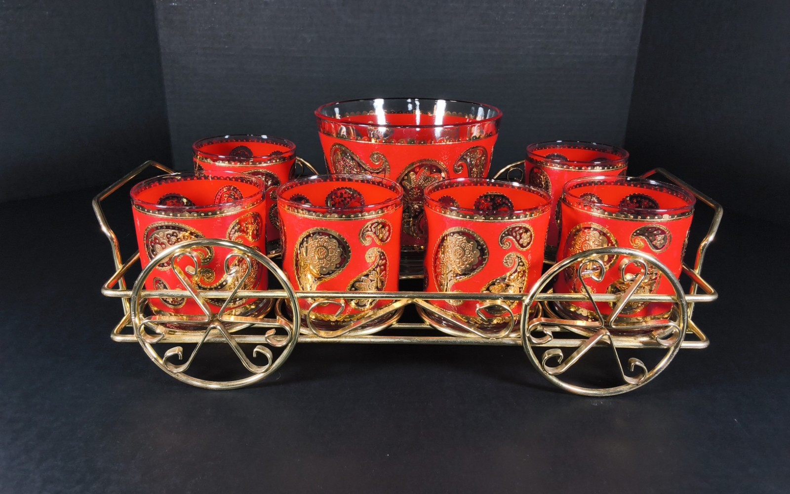 Vintage Culver Ltd Red Gold Paisley Barware Set Caddy Ice Bucket 6 Lowball...