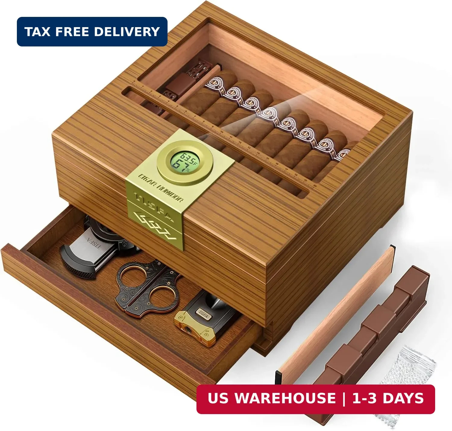 Caja de Puros Artesanal con Higrómetro y Humidificador, Estuche de Humidor de M