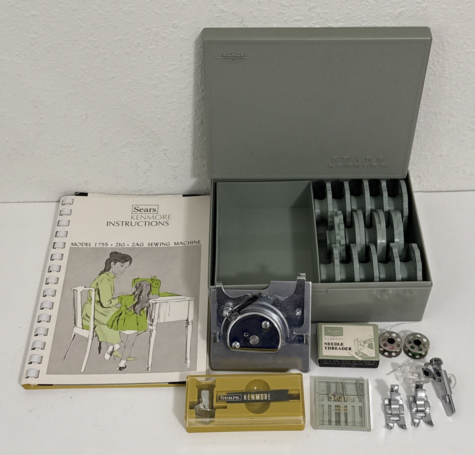 Vintage Sears Kenmore Sewing Machine 14 Disks In Original Case Plus Misc. Tools