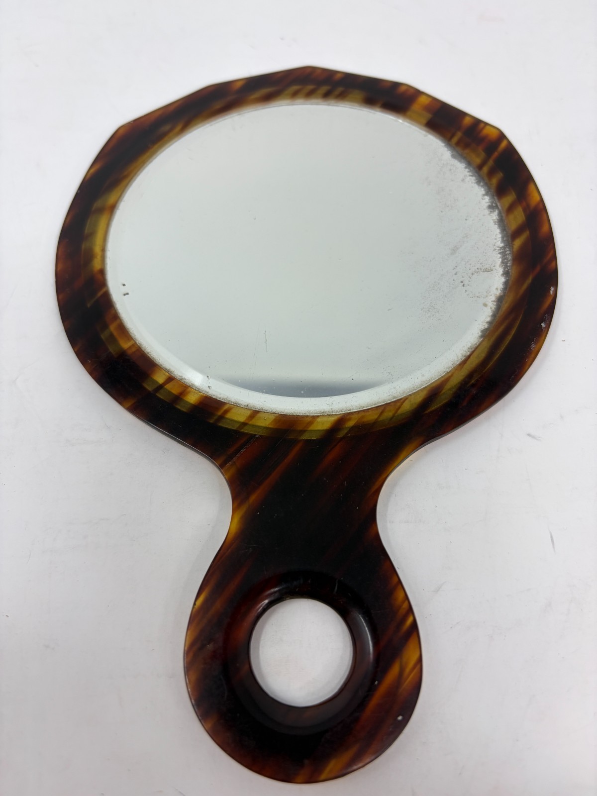 Vtg Faux Tortoiseshell Art Deco Celluloid Handheld Vanity Mirror