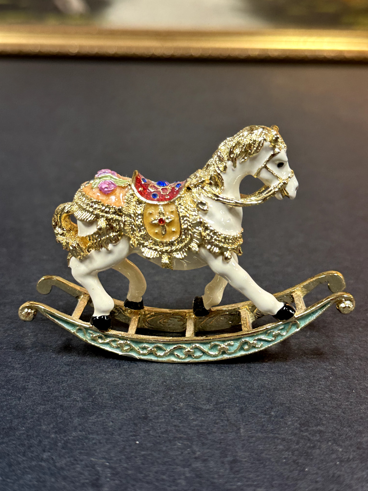 Vintage Horse Enamel Bejeweled Trinket Box.