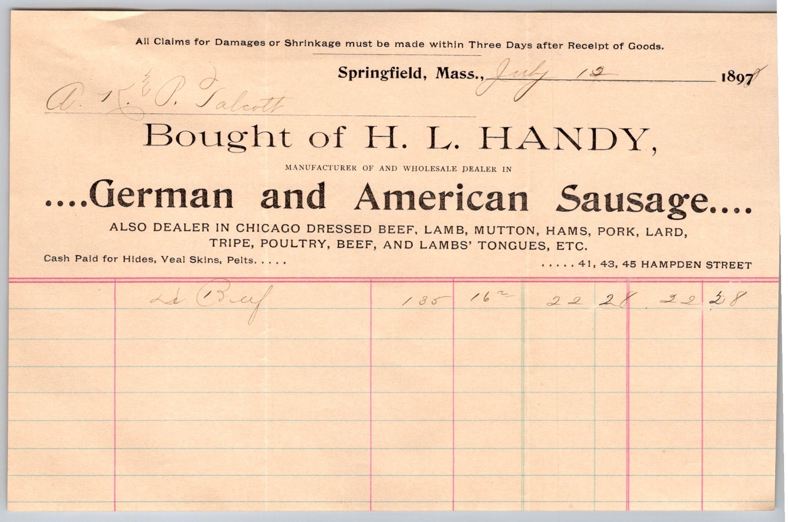 1898 H.L. Handy, German & American Sausage Billhead, Springfield, Mass 1898 H.L. Handy, German & American Sausage Billhead, Springfield, Mass
