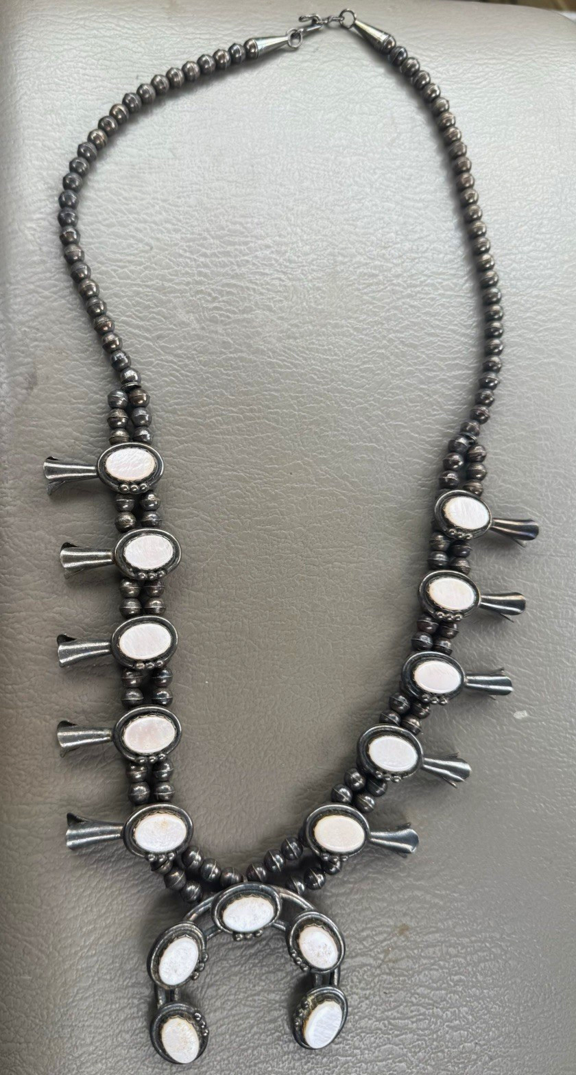 Sterling Silver Beaded Squash Blossom Necklace w/ Mother of Pearl accents