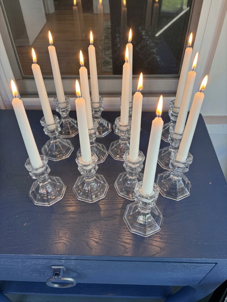Lot of 13 Vntg Glass Taper Candlestick Holders Hexagonal Base 4.5\ Lot of 13 Vntg Glass Taper Candlestick Holders Hexagonal Base 4.5\