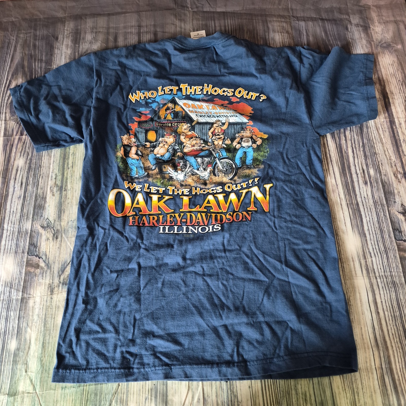 Harley Davidson Who Let The Hogs Out Shirt Medium Blue Made In USA