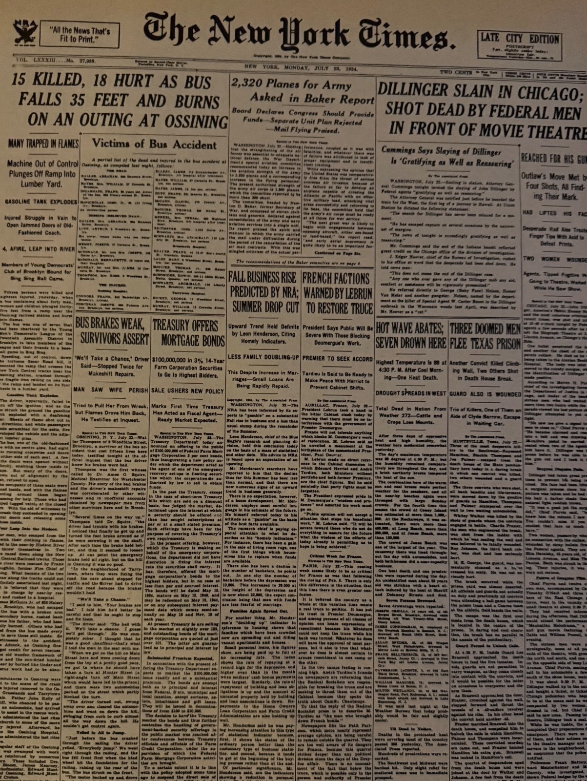 Vintage John Dillinger shot dead by G MEN in Chicago NEW YORK TIMES News Article Vintage John Dillinger shot dead by G MEN in Chicago NEW YORK TIMES News Article