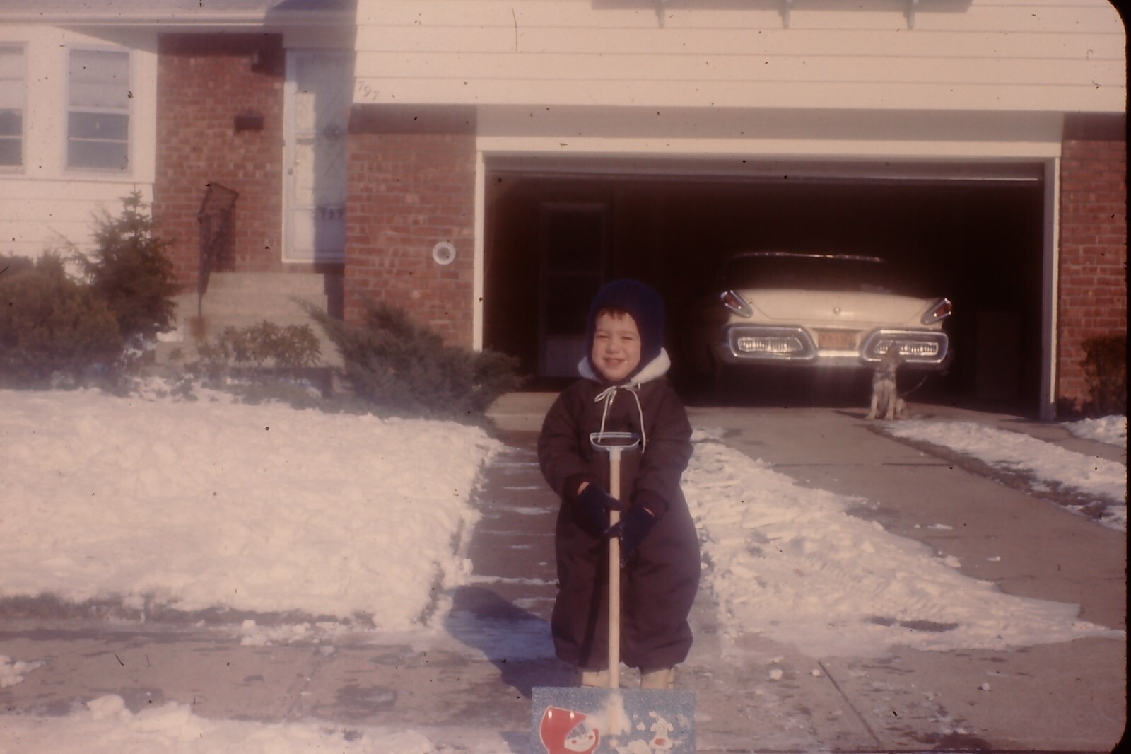 1964 SNOW BOY SHOVEL CLASSIC CAR IN GARAGE DOG 1960\'s Vintage 35mm Slide QTR25