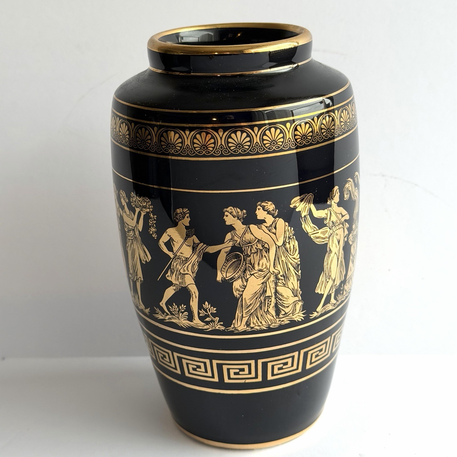 VTG Stella Greek Vase Hand Made in Greece Pottery 24K Gold Trim 7.5