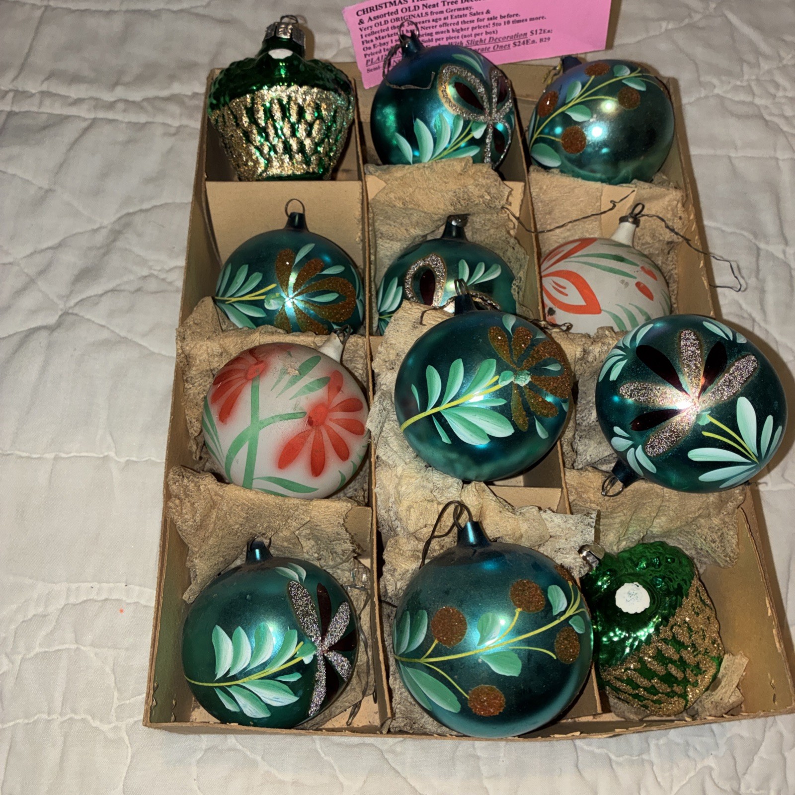 12 Vintage Hand Blown Germany Glass Christmas Ornament - Hand Painted Mica & Box 12 Vintage Hand Blown Germany Glass Christmas Ornament - Hand Painted Mica & Box