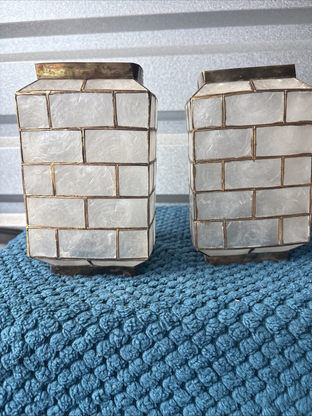 Set of 2 vtg Capiz shell brass lamp shades 8 Inches Tall X6 Inches Square Set of 2 vtg Capiz shell brass lamp shades 8 Inches Tall X6 Inches Square