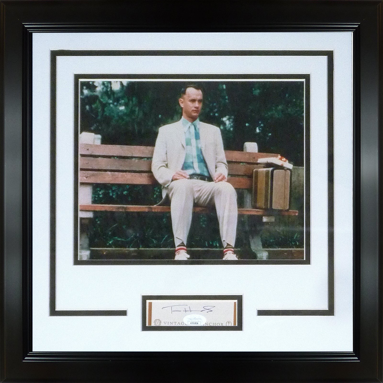 Tom Hanks Autographed Forrest Gump On Bench Frame with 8x10 and signature - JSA