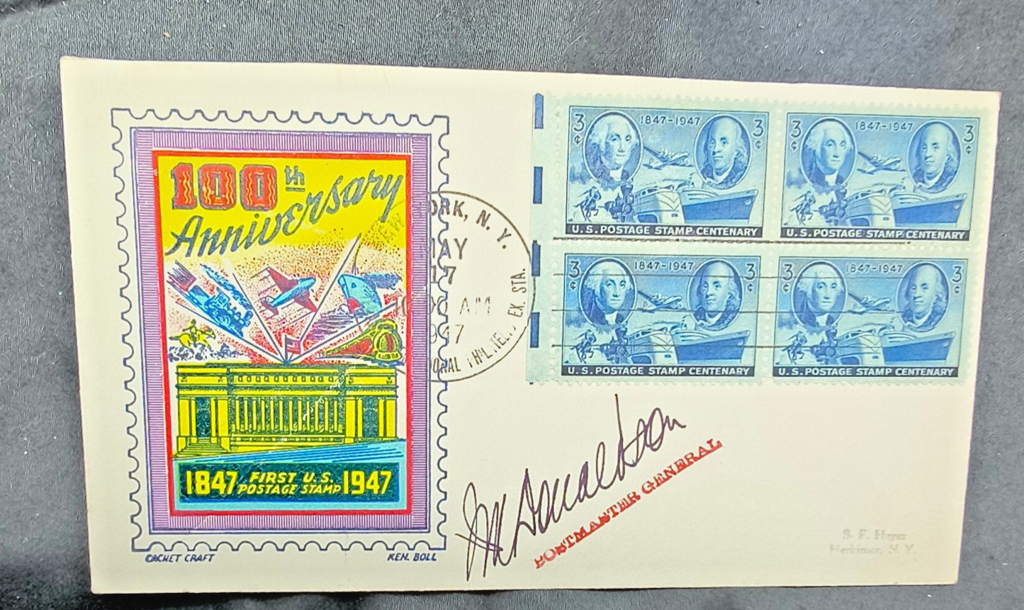 1947 US Stamp Centenary FDC Signed Postmaster General Jesse M Donaldson Block 4 1947 US Stamp Centenary FDC Signed Postmaster General Jesse M Donaldson Block 4