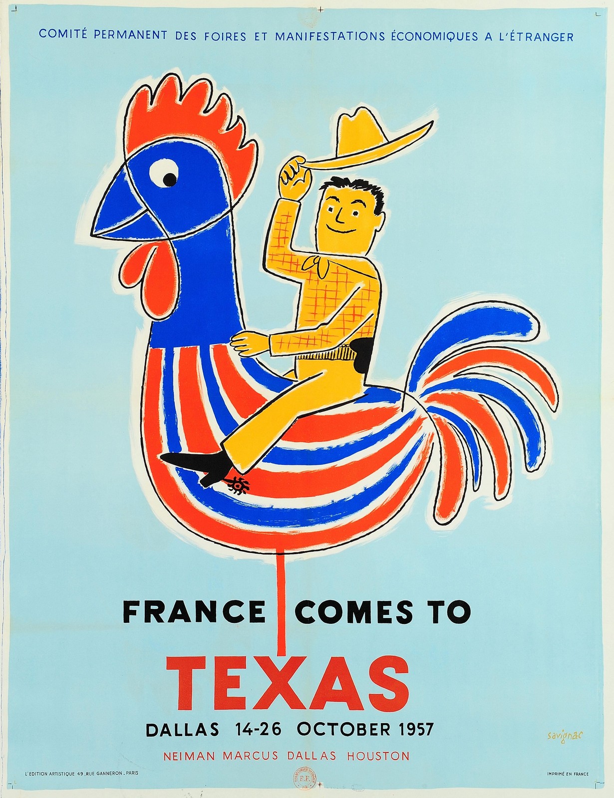 Vintage Texas Travel Poster by Raymond Savignac 1950s - 24x36” 🇺🇸✨