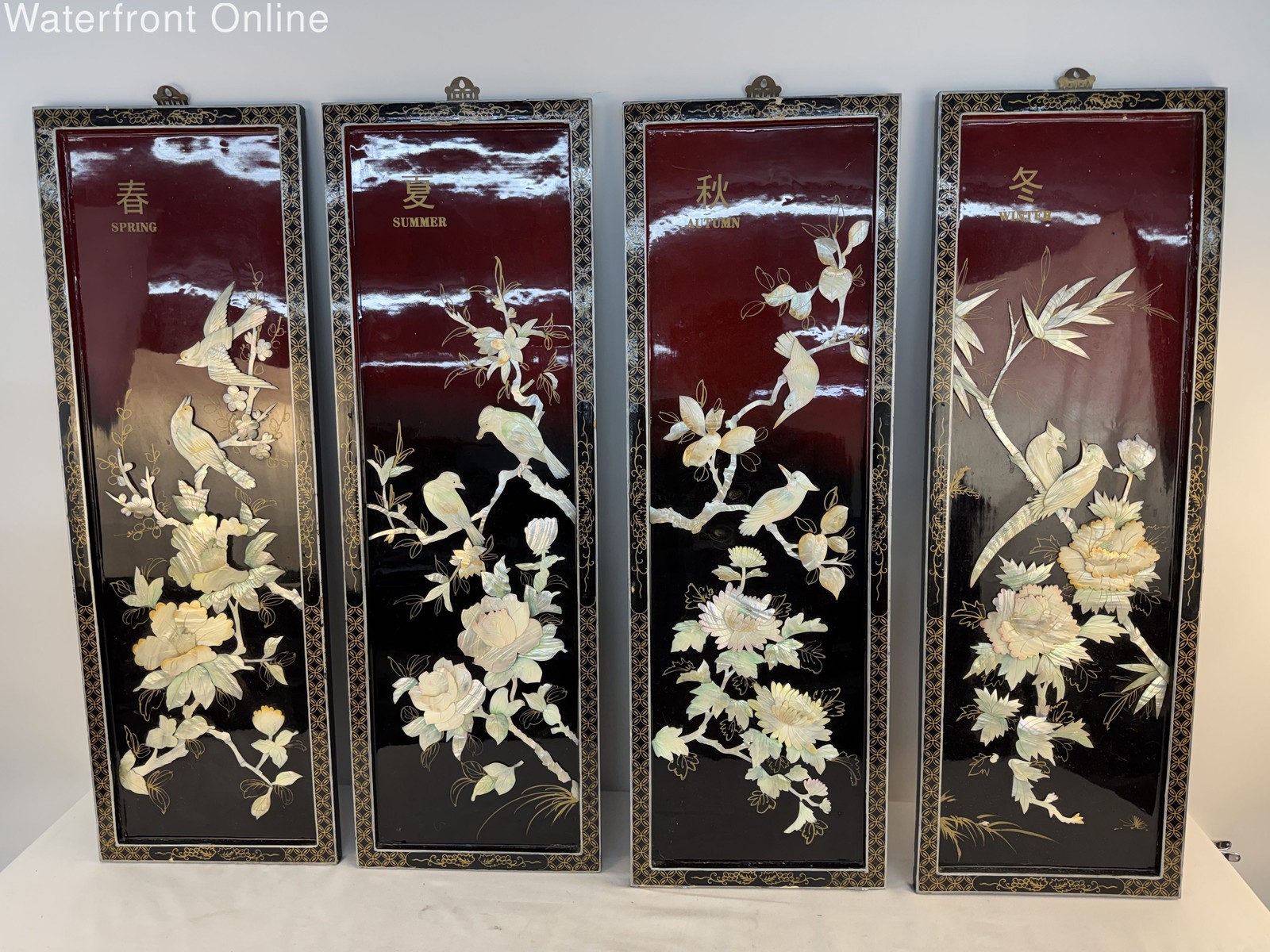 Vintage Chinese Mother Of Pearl Black Lacquer 4 Seasons Wall Panels Set