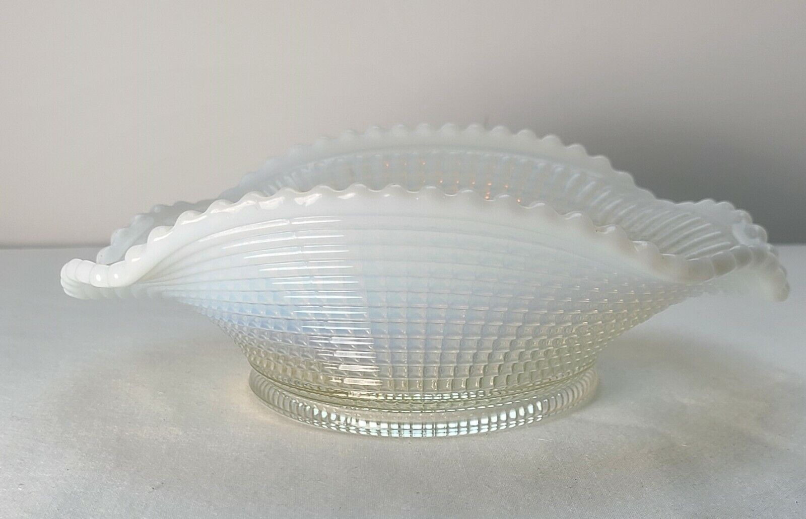 Vintage White Opalescent  Ruffled Edge Ribbed Spiral Glass Bowl by Model Flint