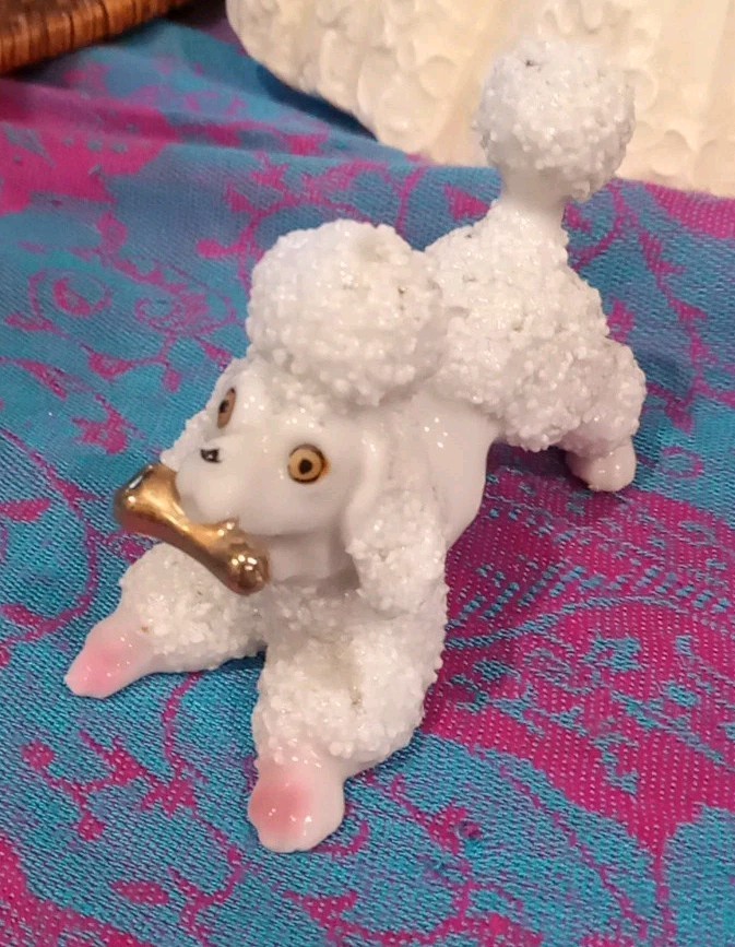 Sugar Poodle 1950's Dog Figurine White Porcelain Gold Bone/Pink Feet Japan