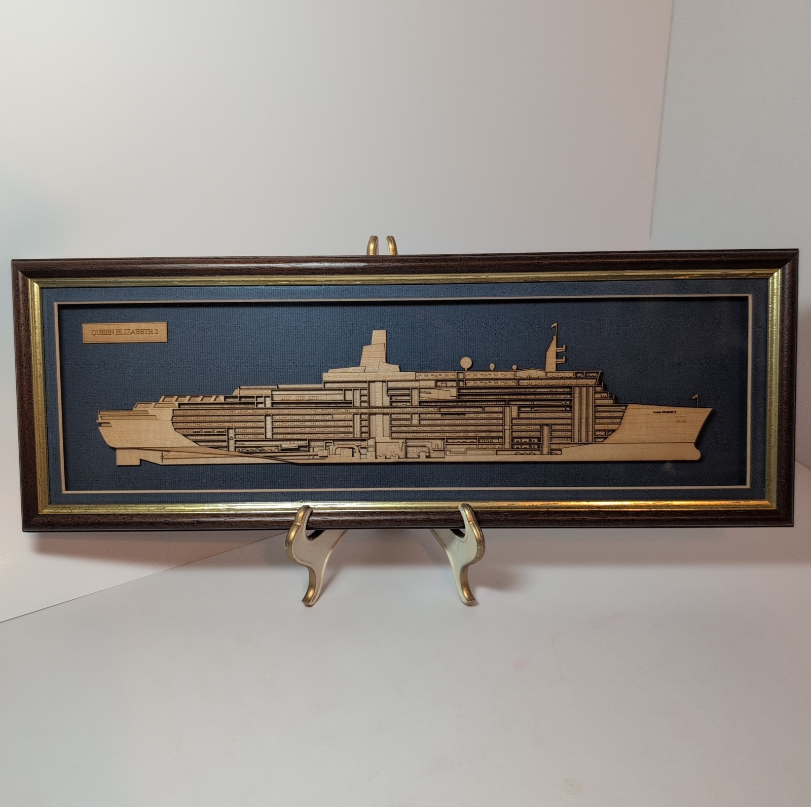 Vtg Wood Cutaway Model of Queen Elizabeth 2 Ship - Framed To Hang