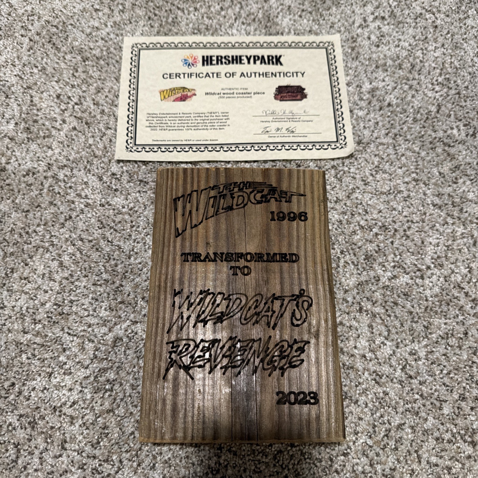 Wood Piece from Hersheypark Wildcat Roller Coaster w/ Certificate RARE Wood Piece from Hersheypark Wildcat Roller Coaster w/ Certificate RARE