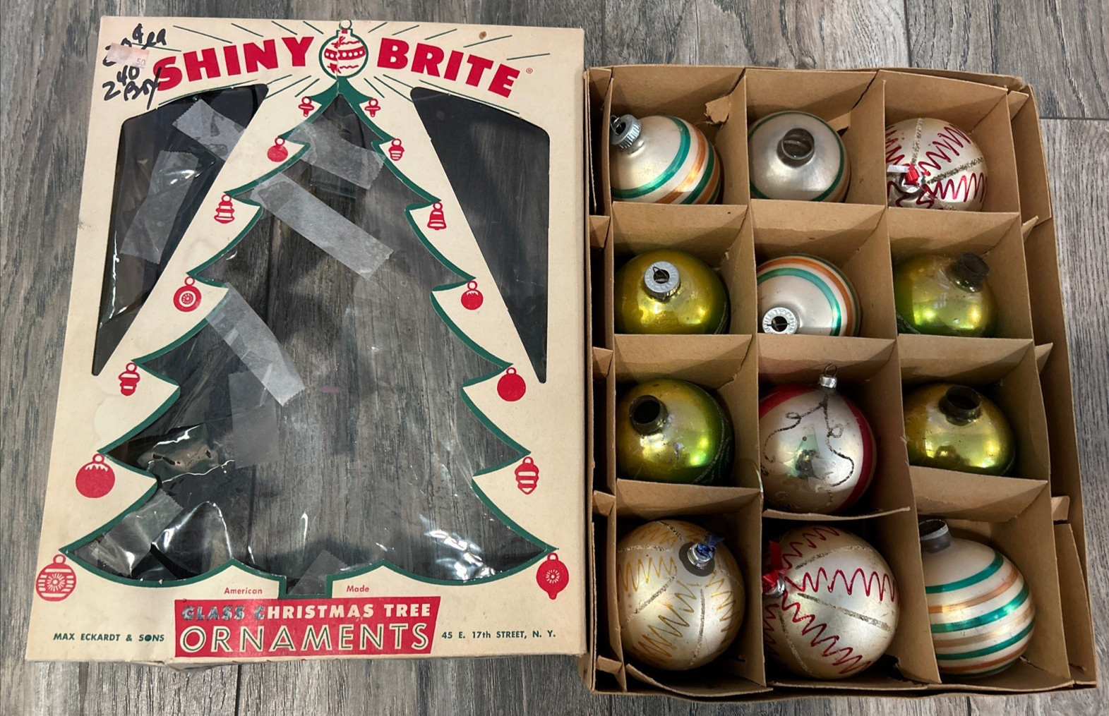 VTG WWII Shiny Brite West Germany Striped Christmas Ornaments, Hand Painted,