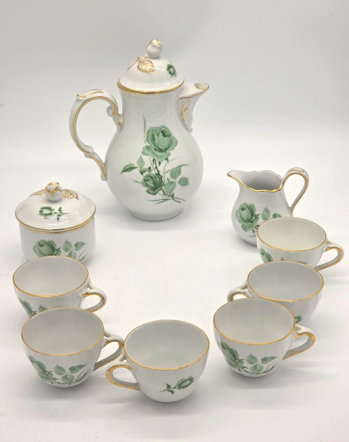 Vintage Oscar Schaller Bavaria Germany 11Pc Demitasse Coffee Set Green Rose 1950