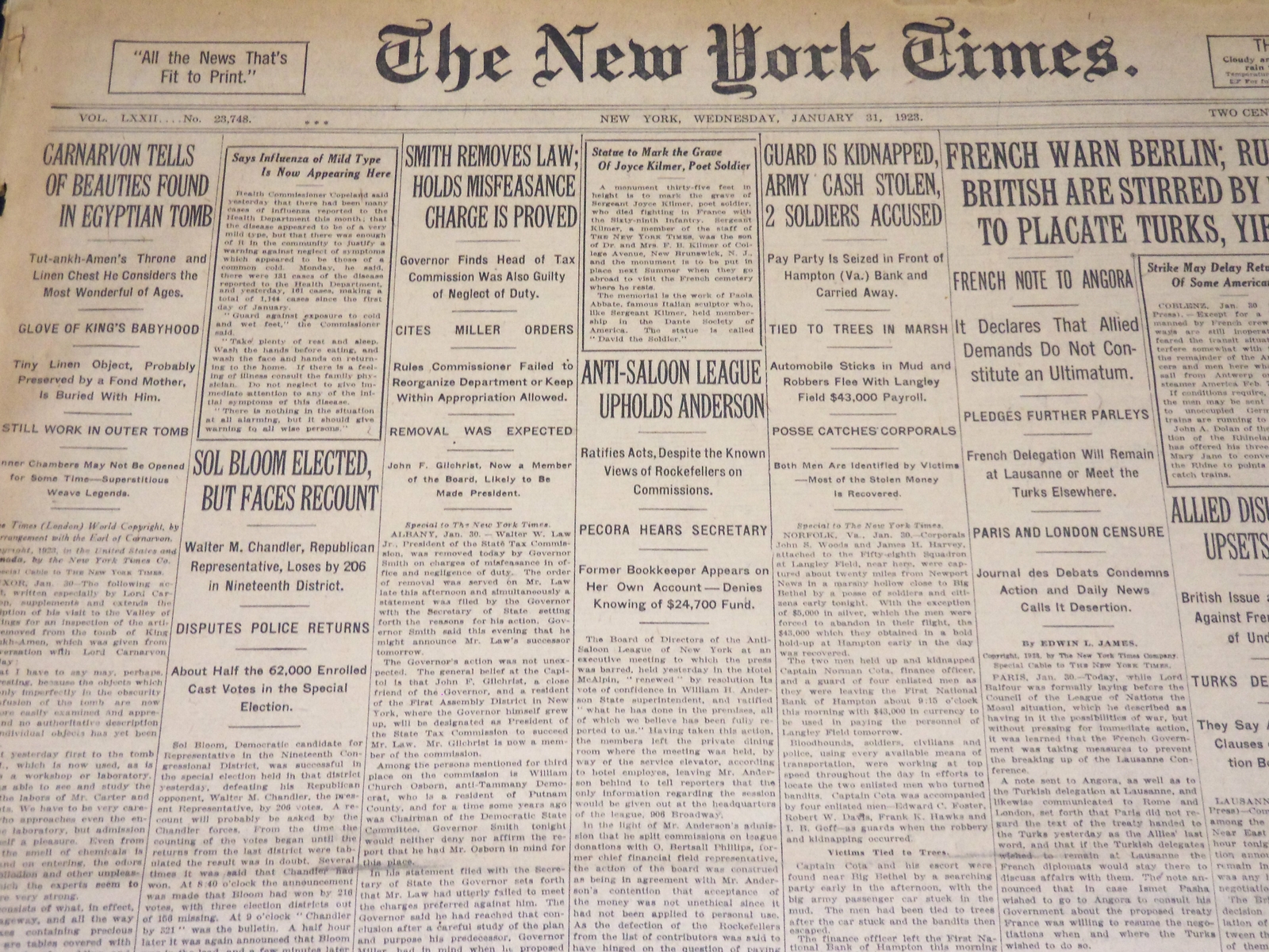 1923 JANUARY 31 NEW YORK TIMES- CARNARVON TELLS OF BEAUTIES FOUND TOMB - NT 7896
