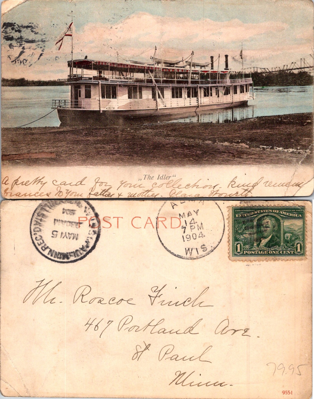 Alma WI The Idler, Sternwheeler, Steamer Ship, 1904 Vintage Postcard 72467