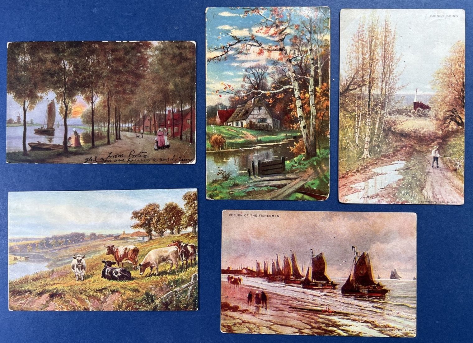 5 Landscape Views UND Backs Mixture Greetings Antique Postcards. 1906 era