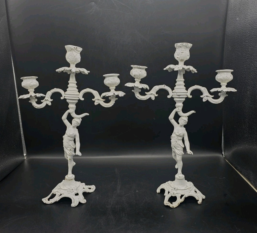 2 Vtg/Atq Cast Metal White Paint Victorian Lady 3 Arm Candleabra Matching Set