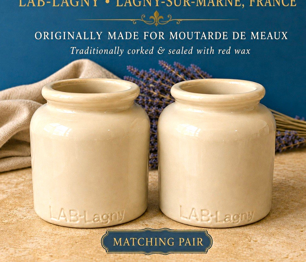 LAB-Lagny Vintage 1940s French Stoneware Jar Pair Beige Solid 12 oz Medium
