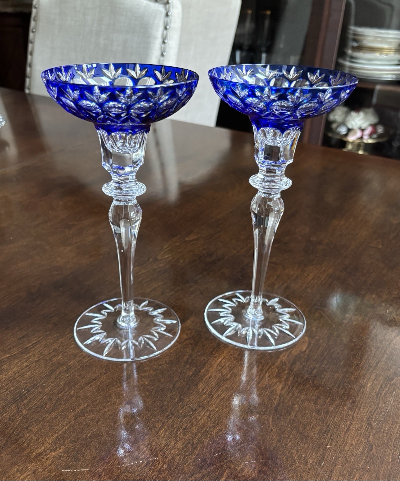 Pair Vintage 8” Cobalt Blue Cut-Clear Crystal Candle Holders European Flower