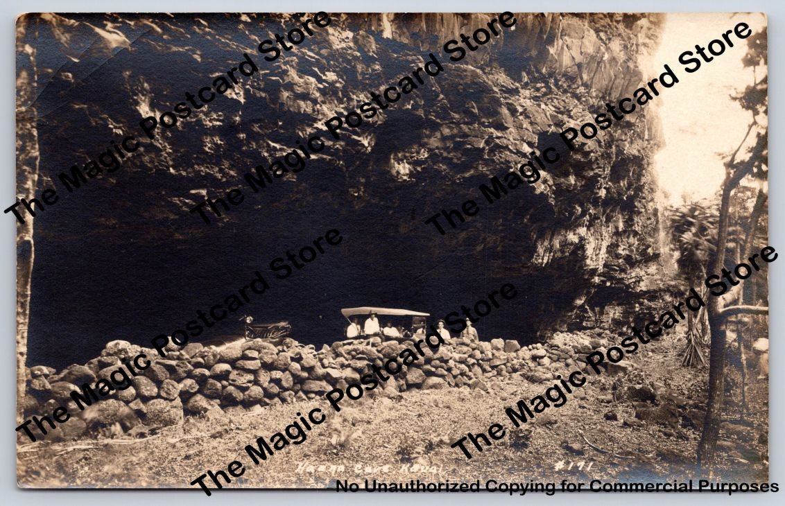 Early Touring Car & Visitors at HAENA Cave Kauai RPPC Hawaii Photo ~1910s