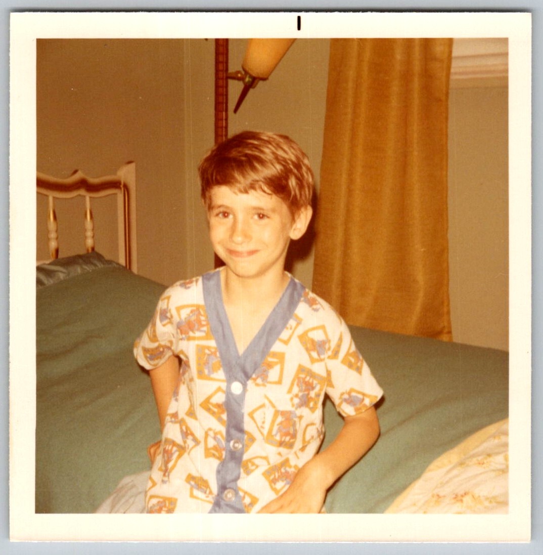 Vtg Color Snapshot Smiling Boy in Cowboy Print Pajamas Bedroom Bed 1970s Vtg Color Snapshot Smiling Boy in Cowboy Print Pajamas Bedroom Bed 1970s