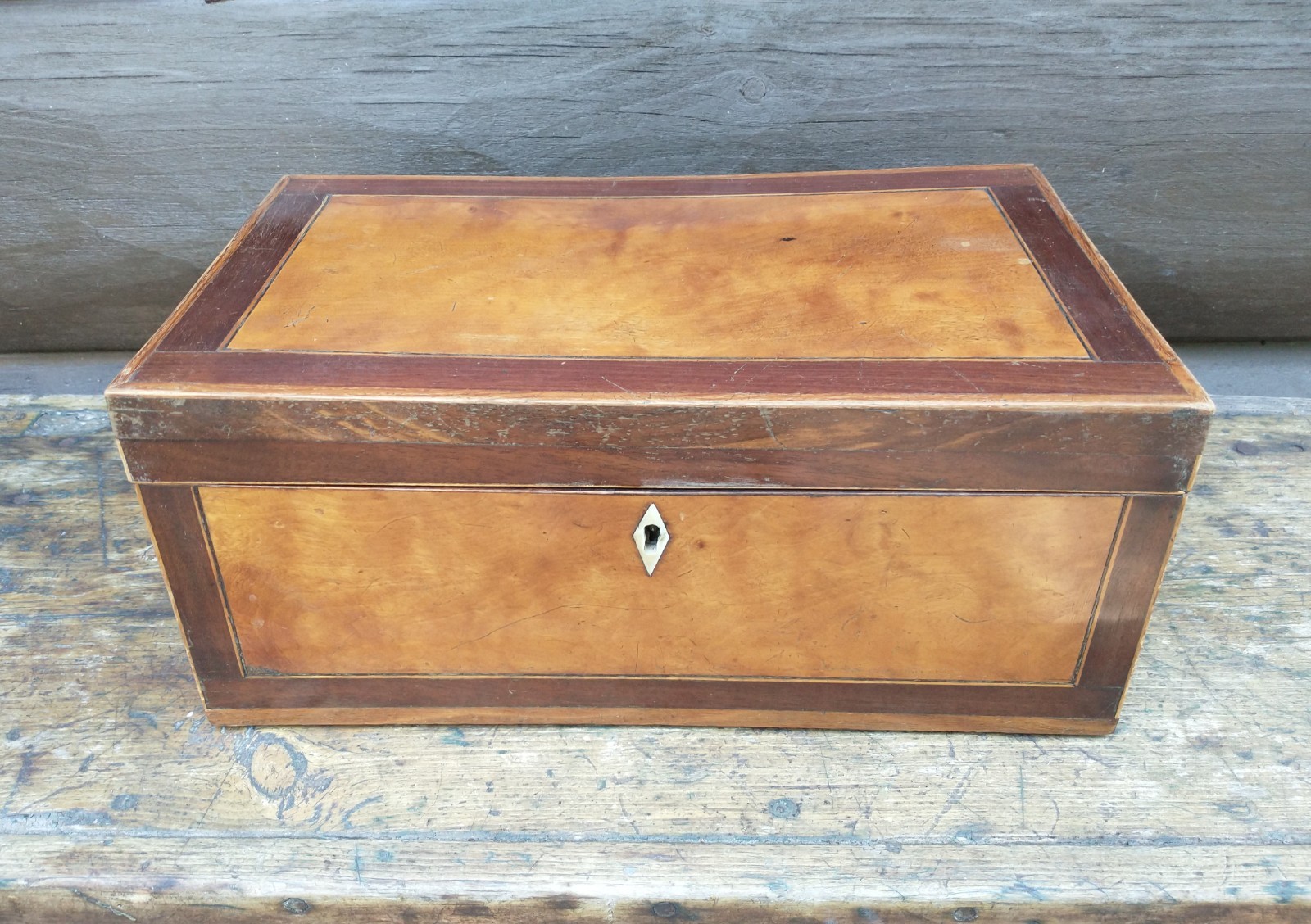 Antique Maple Rosewood Mahogany Bone Inlay Wooden Tea Box Caddy Dovetailed Tray