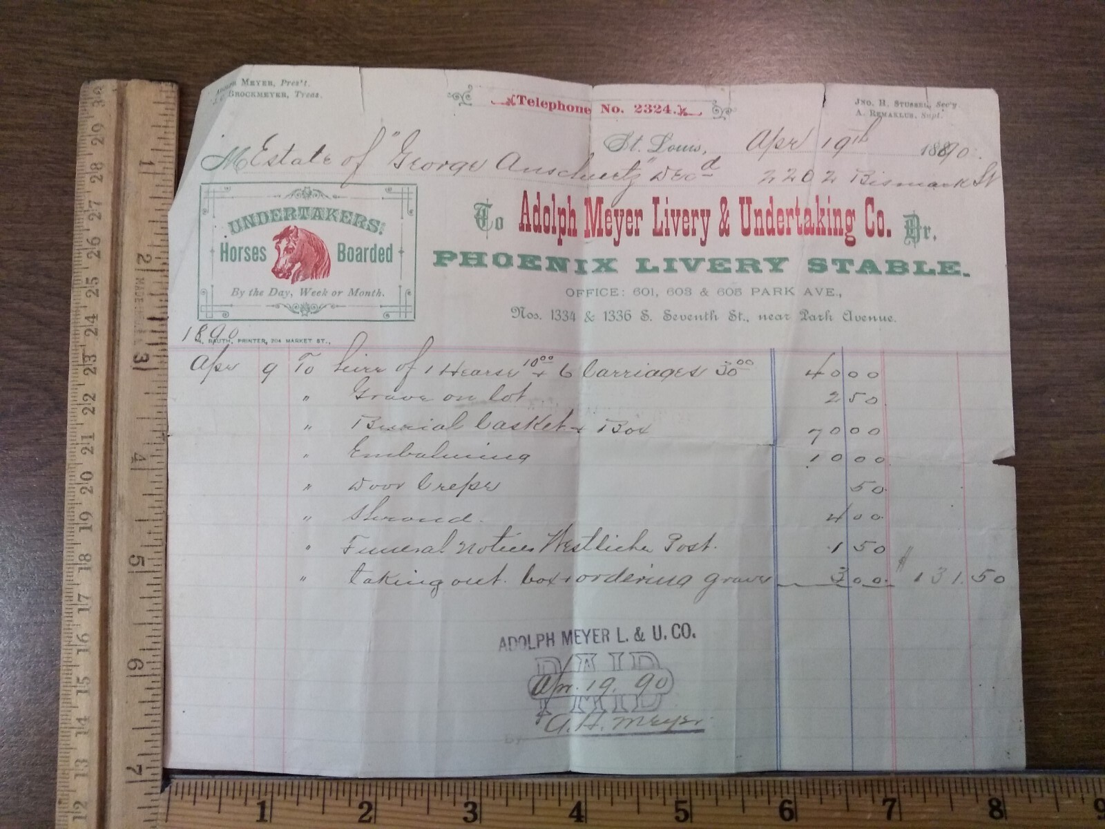 antique livery bill undertakers horse 1890 ephemera St Louis Adolph Meyer Livery