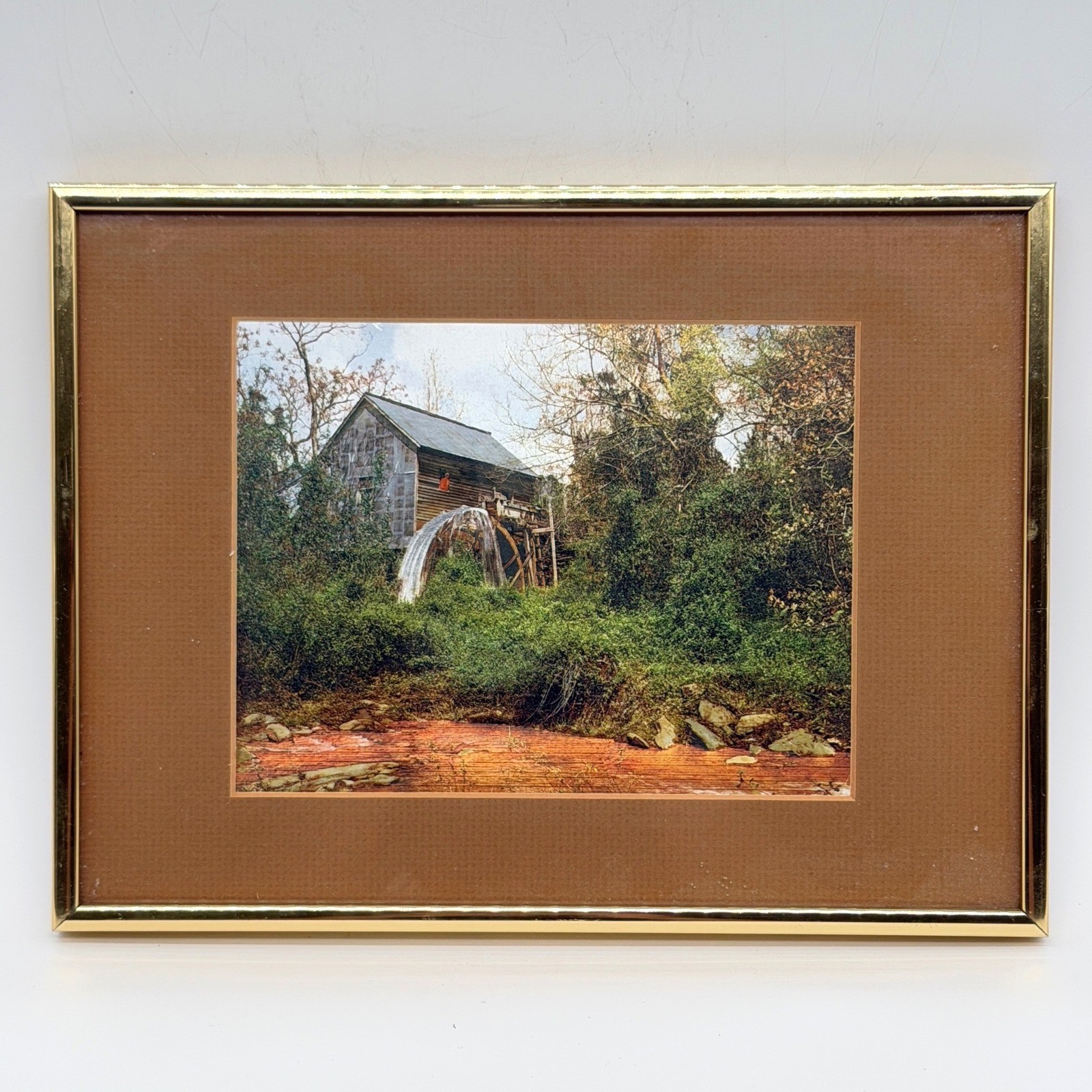 Vintage Able Art 1978 Framed Watermill Landscape Print Gold Aluminum Frame